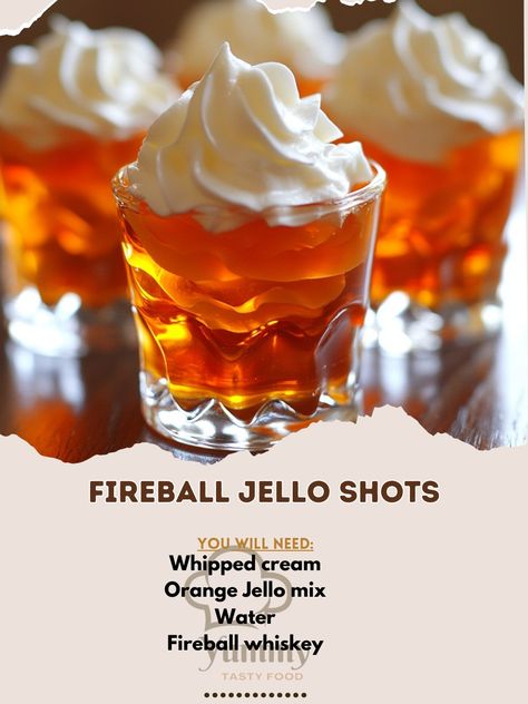 🔥🍹 Ignite your party with Fireball Jello Shots! 🎉✨ #PartyShots #FunDrinks Fireball Jello Shots Ingredients: Fireball whiskey (1 cup) Water (1 cup, boiling) Orange Jello mix (1 package, 3 oz) Whipped cream (for topping) Instructions: In a bowl, dissolve the Jello mix in boiling water. Add Fireball whiskey and stir well. Pour the mixture into shot cups. Refrigerate until set. Top with whipped cream before serving. 🔥✨ Fireball Jello Shots are the perfect fiery treat for your next party. Get ... Alcohol Jello Shots, Fireball Jello Shots, Fireball Recipes, Fireball Drinks, Cocktails And Canapes, Layered Drinks, Fireball Whiskey, Orange Jello, Alcoholic Desserts