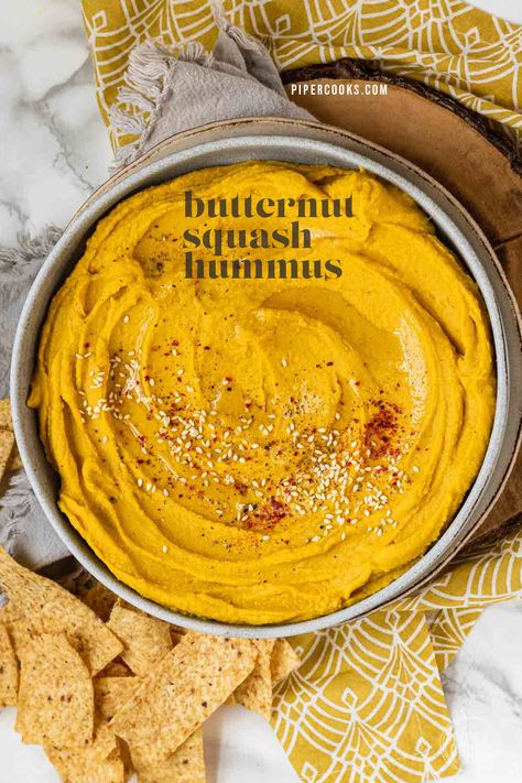 Butternut Squash Hummus | Turn roasted butternut squash cubes into perfectly savory whipped hummus in just 10 minutes with pantry ingredients like beans and spices. Madras curry powder gives this super creamy hummus a warm and cozy flavor. Whipped Hummus, Hubbard Squash Recipes, Butternut Squash Hummus, Squash Hummus, Roasted Butternut Squash Cubes, Blue Hubbard Squash, Butternut Recipes, Creamy Hummus, Butternut Squash Cubes