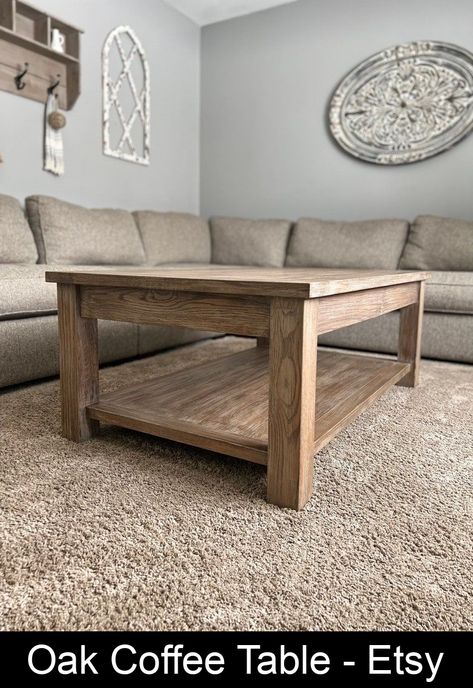 This oak coffee table is crafted from red oak that is responsibly sourced and kiln dried from a local hardwood lumber yard, not the big box store. Each rough sawn board is hand selected and carefully milled down piece by piece in order to ensure only the best quality lumber is used. The same amount of care goes into constructing the table by using mortise and tenon joinery. There are four drawers (two on each side of the table) and a bottom shelf Rectangle Coffee Table With Shelf, Sturdy Coffee Table, Rustic Farmhouse Living Room Coffee Tables, Coffee Table And End Tables Living Rooms, Red Oak Coffee Table, Simple Wooden Coffee Table, Diy Oak Coffee Table, Light Oak Coffee Table, Living Room Wood Table