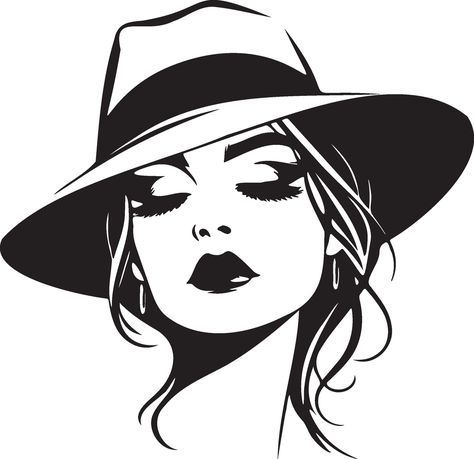 Trendy Woman Wearing Hat Illustration. Women In Hats Paintings, Border Embroidery Designs Patterns, Silhouette Images Free, Abstract Embroidery Designs, Women Silhouette Art, Christmas Tshirt Designs, Woman Wearing Hat, Pop Art Marilyn, Kids Tshirt Designs