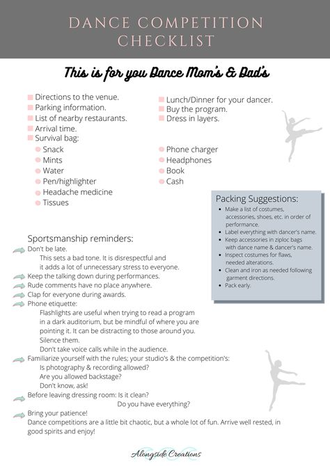 Whether it is your first competition season or your last, this list has it all. Your dancer has their own set of responsibilities and you have yours. What are they? Check out this list that covers the pre-comp arrival and the on-site reminders. Do not leave home without this list. Dance Competition Checklist, Dance Teacher Tools, Headache Medicine, Mom Checklist, Dance Instruction, Budgeting 101, Survival Bag, Dance Ideas, Dance Mom