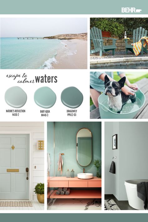 Escape to Calmer Waters - Colorfully BEHR Behr Light Blue Green Paint Colors, Behr Aqua Paint Colors, Light Teal Paint, Teal Paint Colors, Turquoise Interior, Coastal Paint Colors, Coastal Paint, Behr Colors, Color Of The Month