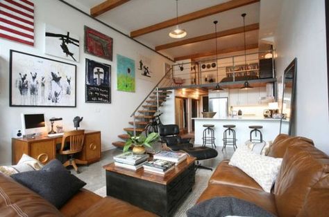 Bachelor pad loft with a very masculine color scheme and decor Bilik Tidur Lelaki, Mezzanine Floor Design, Loft Apartment Designs, Bachelor Pad Living Room, Loft Apartment Industrial, Masculine Living Rooms, Industrial Style Living Room, Space Saving Kitchen, Industrial Livingroom