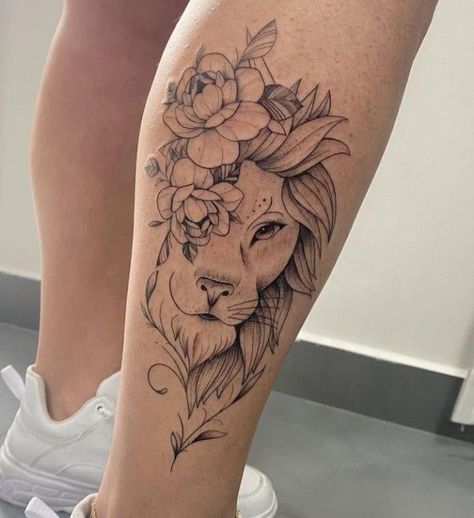 Feminine Lion Tattoo, Lion Tattoo With Flowers, Calf Tattoos For Women, Female Lion Tattoo, Feminine Shoulder Tattoos, Lioness Tattoo, Foot Tattoos For Women, Tattoos For Women Flowers, Muster Tattoos