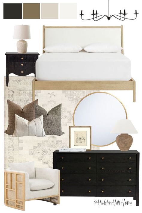 Primary bedroom design board Primary Bedroom Decor, Vintage Modern Bedroom, Decor Mood Board, Wood And Upholstered Bed, Bedroom Mood Board, Vintage Inspired Bedroom, Dark Bedroom Furniture, Bedroom Bliss, Primary Bedroom