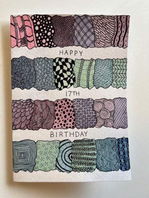 17th birthday card made with watercolour and black fineline pen 17th Birthday Card Ideas, 17th Birthday Card, Watercolour Birthday Card, Birthday Card Ideas, Watercolor Birthday Cards, Watercolor Birthday, Zentangle Drawings, 17th Birthday, Card Ideas