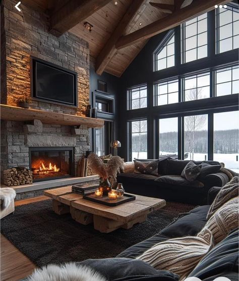 Mountain Home Interiors, Interior Design Examples, Black Bedroom Design, Black Interior Design, Dark Home, Interior Design Concepts, House Windows, Fireplace Design, Design Concepts