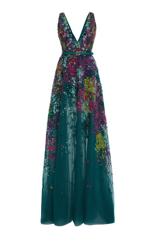 Bead-Embroidered Belted Midi Dress By Elie Saab | Moda Operandi Emerald Outfit, Velvet Diy, Beaded Midi Dress, Formal Midi Dress, Beaded Formal Dress, Fancy Gowns, Embellished Gown, Belted Midi Dress, Elie Saab