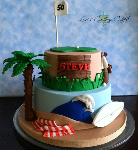 5oth Birthday surf golf theme cake Surfing Cakes, Surf Cake Ideas, Golf Ice Cream Cake, Surfing Cakes For Men, Golf Course Cakes For Men Birthdays, 50th Birthday Cakes For Men, Surf Cake, Triple Chocolate Cake, 32 Birthday