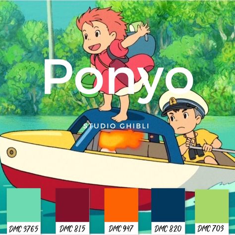 Ponyo Color Palette, Studio Ghibli Colors, Howls Moving Castle Palette, Studio Ghibli Colour Palette, Studio Ghibli Color Palette, Ghibli Color Palette, Hayao Miyazaki Color Palettes, Alpha Pattern Ponyo, Dmc Color Palette