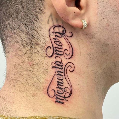 Momento Mori Tattoo Men, Tattoo On Neck For Men, Memento Mori Neck Tattoo, Momento Mori Memento Vivere Tattoo, Memento Mori Memento Vivere Tattoo Ideas, Mori Tattoo Design, Memento Mori Memento Vivere Tattoo Women, Tattoo Ideas Memento Mori, Neck Tattoo For Boys