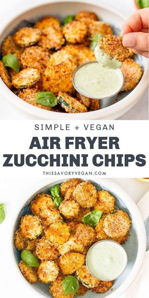 Air Fryer Zucchini Chips, Vegan Snacks On The Go, Air Fryer Vegan, Vegan Air Fryer Recipes, Vegan Snack Ideas, Air Fryer Zucchini, Vegan Air Fryer, Fried Chips, Vegan Summer Recipes