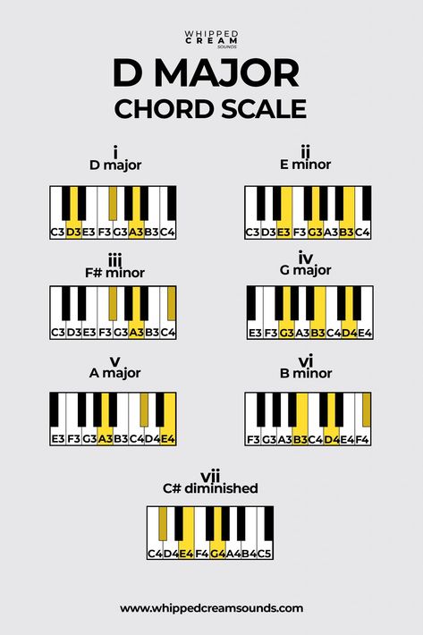 Find out the chords in the key of D major with our neat infographic, and our in-depth article that covers it all! Chords Piano, Ukulele Songs Beginner, Beginner Piano Lessons, Music Theory Piano, Music Engineers, Piano Scales, Music Manuscript, Piano Chords Chart, Hymn Sheet Music