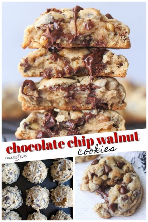 These Chocolate Chip Walnut Cookies are thick, soft, loaded with chocolate and walnuts. I am sharing the EASY trick on how to make the thickest chocolate chip cookies ever! #cookiesandcups #cookies #cookierecipe #levaincopycat #chocolatechipwalnut #walnuts #thickcookies Chocolate Nut Cookies, Chocolate Chip Cookies With Nuts Recipes, Walnut Chocolate Chip Cookies, Cookies With Walnuts, Walnut Cookie Recipes, Chocolate Chip Walnut Cookies, Levain Bakery, Walnut Recipes, Walnut Cookies