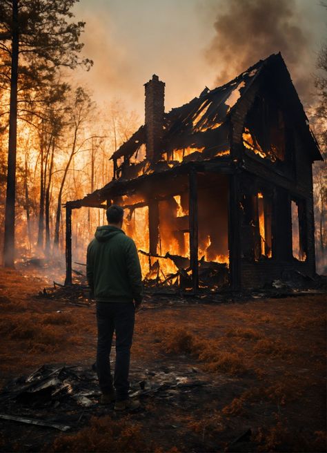 A sad man standing in front of a burnt down home in a forest, stunning details, 8k Burned Book Aesthetic, House Burnt Down, Burnt House Aesthetic, Burnt Forest, Photorealistic Portraits, Trees Silhouette, Burning House, Mobile Phone Wallpaper, Landscape Sky