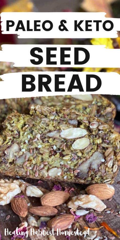 Enjoy this delicious and easy keto and paleo diet friendly seed and nut bread recipe. This super easy and fast recipe uses only seeds and nuts plus a bit of spice and oil….you can whip this up in very little time. This bread is filling, and a little goes a LONG way, too. It’s quite stout, so is a great alternative bread for sandwiches too! #bread #recipes #homemade #paleo #keto #seed #howtomake #noyeast #vegan #easy #fast #healingharvesthomestead Seed Nut Bread, Seed And Nut Bread, Nut And Seed Bread Recipe, Multi Seed Bread Recipe, Traditional Bread Recipe, Seeded Bread Recipes, Keto Crackers, Seed Crackers, Nut Bread Recipe