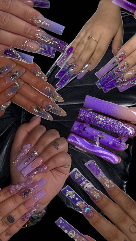 Multiple hands with acrylic nails, purple polish and charms on a black background. Acrylic Nail Designs With Charms, Purple Nails With Charms, Nail Designs With Charms, Nails With Charms, Nails Charms, Purple Acrylic Nails, Purple Acrylic, Sweet 16 Birthday, Nail Charms