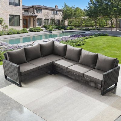 This 6-seat sectional sofa allows you to chat with friends on the patio. This product adopts the design of U-shaped feet, which makes the whole kit thicker, the seat more stable, and the appearance more high-end, which is in line with the aesthetics of the public. | Latitude Run® Nazime 105.1" Wide Outdoor Wicker Patio Sectional w/ Cushions 30.31 x 71.26 x 71.2598 in | C011023800_695929629_711338179 | Wayfair Canada Rattan Couch, L Shape Sectional, Deck Backyard, Brown Cushion, Patio Couch, Corner Sectional Sofa, Wicker Sectional, Sofa Brown, Porch Deck