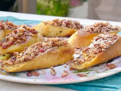 World's Greatest French Toast with Praline Bacon Crumble Recipe | Michael Symon | Food Network Michael Symon French Toast, Michael Symon Recipes, Thanksgiving Brunch Ideas, Praline Bacon, Bacon French Toast, Breakfast In The Garden, French Omelette, Toast Bacon, Thanksgiving Brunch