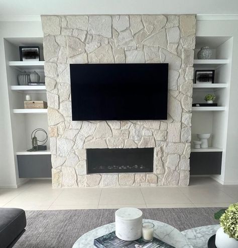 Stone Fireplace Media Wall, White Stone Living Room, Stone Wall With Tv, White Stone Tv Wall, White Stone Feature Wall, Stone Media Wall, Stone Wall Tv, Tv Stone Wall, Stone Tv Unit