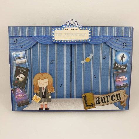 Emma Macedo on Instagram: "Personalised Harry Potter/musicals themed 23rd Birthday card. This was such a fun one to make, combining two pretty different themes to come up with this magical theatre fold card. #handmadecards #handmade #personalised #papercraft #harrypotter #musicaltheatre #3D #theatrefoldcard #shakercard #ravenclaw #hogwarts" Theatre Cards Handmade, Theatre Card, Harry Potter Musical, Theatre Party, Musical Theme, Girl Birthday Cards, 23rd Birthday, Shaker Cards, Graduation Cards