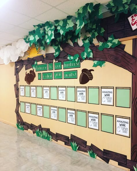 3d Tree Bulletin Board, Tree On Bulletin Board, Magic Tree House Bulletin Board, Students Work Bulletin Board, Ecosystem Bulletin Board Ideas, Magic Treehouse Classroom Theme, Magic Tree House Classroom Theme, Natural Bulletin Board Ideas, Magical Forest Classroom Theme