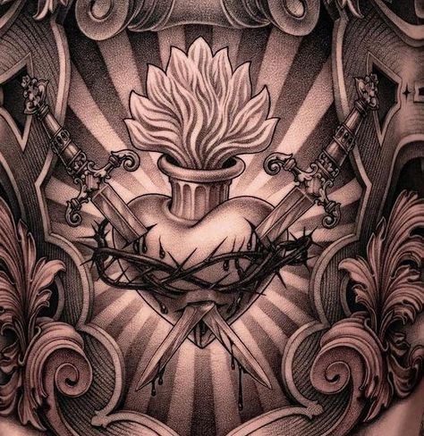 Virgin Mary Sacred Heart Tattoo, Dove Chest Tattoo Men, Mother Mary Tattoo Design, Realistic Sacred Heart Tattoo Design, Sacred Heart Tattoo Stencil, Religous Tattoo, Mother Mary Tattoos, Sacred Heart Tattoo, Sacred Tattoo