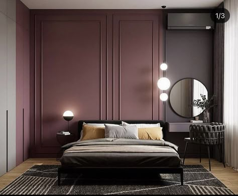 Neutral And Plum Bedroom, Bedroom Main Wall Ideas, Aubergine Bedroom, Bedroom Purple Walls, Maroon Bedroom, Burgundy Room, Loft Style Interior, Interior Design Living Room Modern, Dark Blue Bedrooms