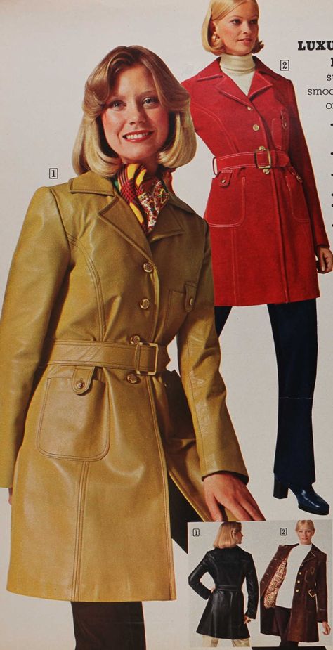 70s Party Outfit, Jumpsuits Jeans, 1970s Jacket, 1970s Looks, 1970s Coat, Average Woman, Fashion 1970s, Leather Coat Womens, Fashion 70s