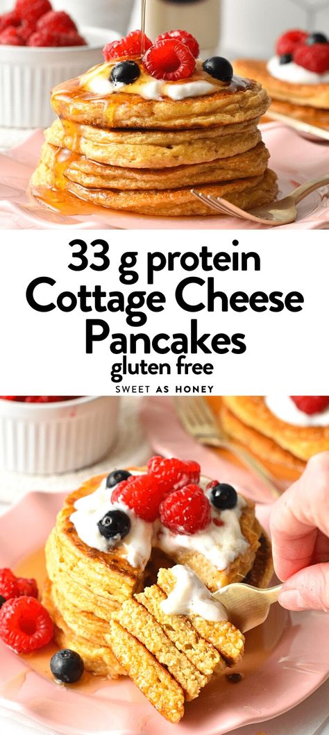 These Cottage Cheese Protein Pancakes are delicious healthy protein pancakes packed with 33g of protein per breakfast. Hi Protein Pancakes, Protein German Pancakes, Protein Cottage Cheese Pancakes, Healthy Protein Pancake Recipes, Quest Protein Pancakes, Protein Pancakes Recipe Easy, Oatmeal Cottage Cheese Pancakes, Cottage Cheese Protein Pancakes, Cottage Cheese Protein