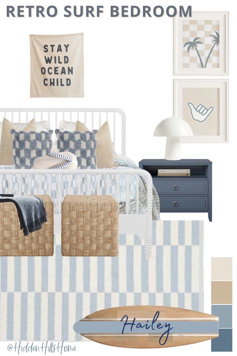 Cute retro surf themed kids bedroom decor mood board with blue! Coastal kids bedroom ideas, tomboy girls room decor, surfer bedroom design