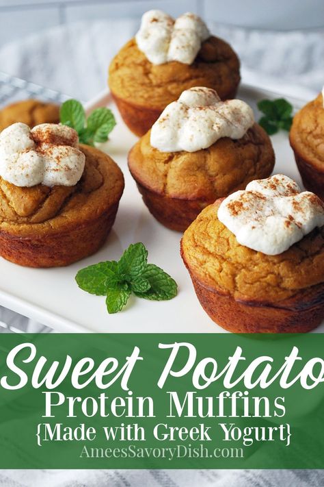 Sweet Potato Protein Muffins Protein Sweet Potato, Protein Muffins Recipes, Sweet Potato Muffin, Healthy Sweet Potato Muffins, Sweet Potato Muffin Recipe, Homemade Sweet Potato Pie, High Protein Muffins, Cinnamon Recipe, Sweet Potato Dessert