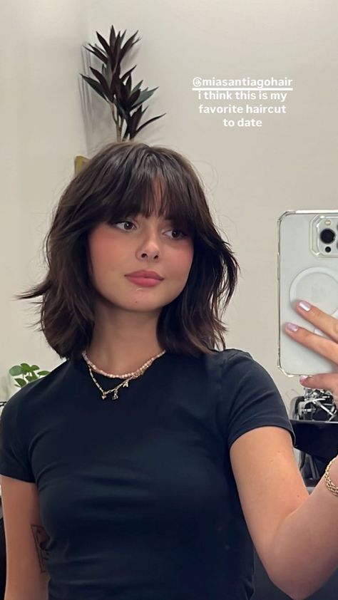 Ashley Seamour Cute Above Shoulder Haircuts, Short Hair Bangs Brunette, Short Hairstyle Fringe, Summer 2025 Haircuts, Lob With Round Face, French Bob With Layers And Bangs, Above Shoulder Haircut With Bangs, Lob Haircut Thick Hair Bangs, Short Dark Hair Round Face