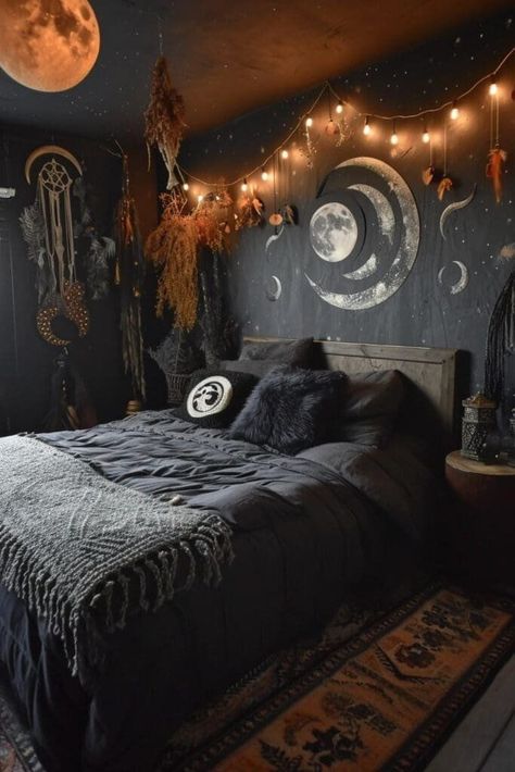 Moon Bedroom Ideas, Witchy Bedrooms, Witch Bedroom Ideas, Witch Bedroom Aesthetic, Witchy Bedroom Aesthetic, Witch Room Aesthetic, Witchy Bedroom Decor, Witch Bedroom, Goth Bedroom Ideas