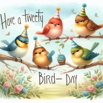 Several birds sit on branches, wearing party hats, background soft meadow, words "Have a TWEET BIRD-DAY", watercolor - Image Creator from Microsoft Designer Happy Birthday Birds, Watercolor Images, Create Sign, Create Image, Party Hats, Blue Bird, Bing Images, Microsoft, Happy Birthday