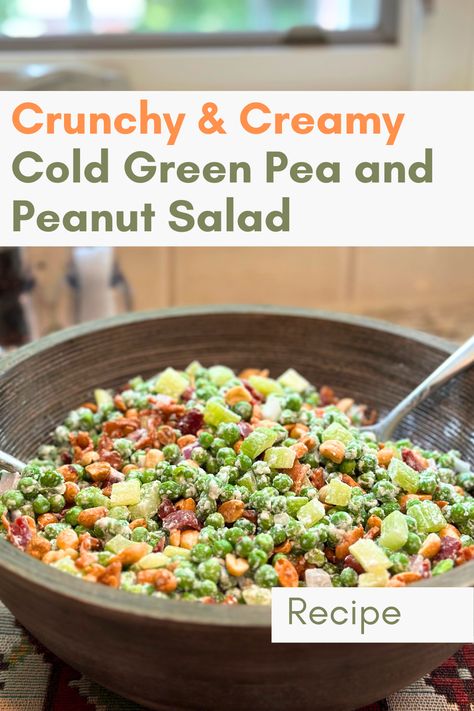 This easy and delicious salad is perfect for potlucks and cookouts! It's made with sweet peas, crispy bacon, roasted peanuts, celery, and red onion, all tossed in a sweet and tangy dressing. Find the recipe on our website! #Peanuts #PeanutButter #PeanutToppings #PeanutFoods #LunchIdeas #SaladIdeas #Foodstagram #InstaFood #SideDishes #HealthyRecipes #RecipeVideos Roasted Peanut Vinaigrette, Cooking For Peanuts Recipes, Peas And Peanut Salad, Pea And Peanut Salad Recipe, Crunchy Peanut Salad, Low Calorie Pea Salad Recipes, Roasted Vegetables Seasoning, Cold Pea Salad, Pea Salad With Bacon