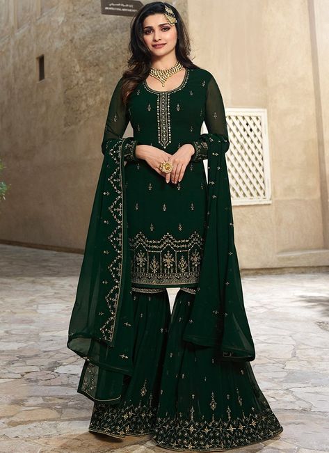 Dark Green Embroidered Georgette Gharara Suit Indian Fashion Salwar, Green Gharara, Sharara Suit Designs, Pakistani Sharara, Green Sharara, Gharara Suits, Embroidered Sharara, Sharara Designs, Prachi Desai