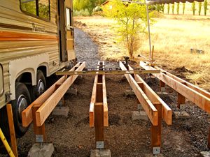 Travel Trailer Carport Ideas, Travel Trailer Porch Ideas, Seasonal Trailer Site Ideas, Seasonal Campsite Ideas Yards, Parking Pad Ideas, Temporary Deck, Rv Deck Ideas, Permanent Camper Site Ideas, Rv Decks