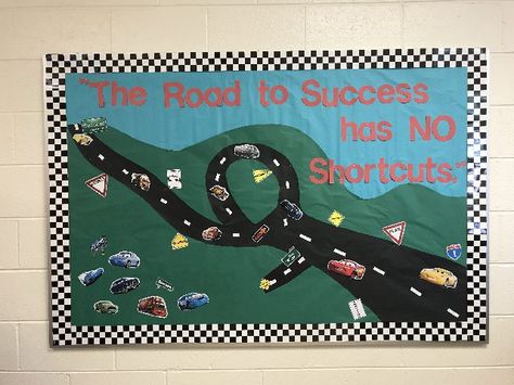 Pe Bulletin Boards, Toddler Sunday School, Energy Bus, Class Bulletin Boards, Elementary Principal, Work Bulletin Boards, Classroom Boards, Racing Theme, Math Board