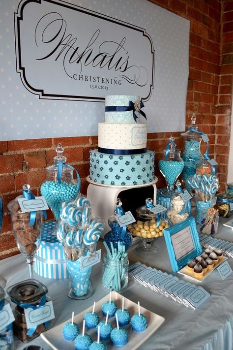 93 Beautiful & Totally Doable Baby Shower Decorations - Tulamama Blue And White Candy Bar, Simple Dessert Table, Blue Party Ideas, Sweet Table Ideas, Candy Bar Ideas, Sweet Stand, Blue Sweets, Baby Shower Desserts Boy, Baby Shower Cake Table