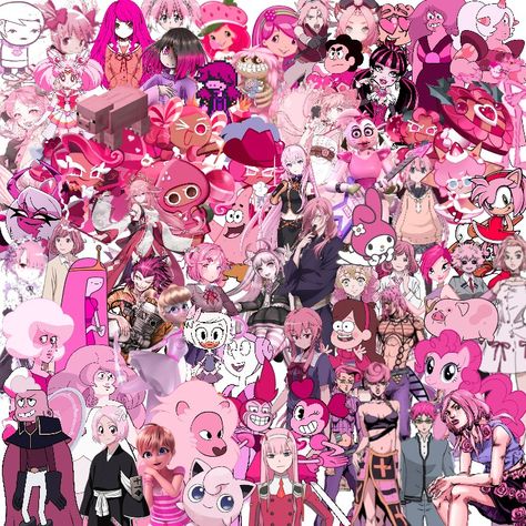 I can't draw so I did it Pink Characters Cartoon, Pink Anime Characters, Group Cosplay Ideas, Pink Cartoon Characters, Pink People, Pink Characters, Color Characters, 30 Day Art Challenge, Colored Characters