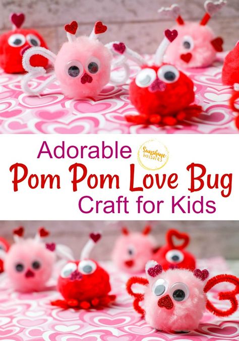 Adorable Pom Pom Love Bug Craft For Kids February Crafts, Easy Valentine Crafts, Diy Valentine's Day Decorations, Bug Crafts, Valentine's Day Crafts For Kids, Preschool Valentines, Valentine Crafts For Kids, Pom Pom Crafts, Daycare Crafts