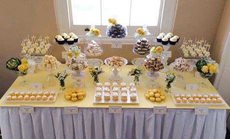 Yellow dessert table by Niknaks Sweetest Treats Blue And Yellow Dessert Table, Teabreak Decor, Yellow Dessert Table, Church Ladies Tea Party, Tiffany Blue Baby Shower, Yellow Desserts, Ladies Tea, Graduation Party Diy, Sweet Treats Desserts