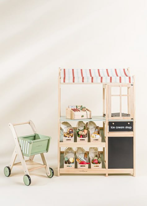 Marketplace Aesthetic, Kids Market Stand, Wooden Shopping Cart, Play Market Stand, Wooden Cash Register, Kids Wood Toys, Pretend Grocery Store, Little Boy Nursery, Creative Booths