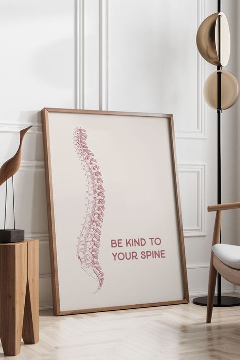 This beige & pink chiropractor poster features the drawing of a spine with the saying "be kind to your spine." It would be great fit as chiropractic office decor and an original gift for chiro friends, your favourite spine whisperer, and future chiropractors. Printable wall art is affordable and super convenient: download, print and display instantly! Modern Chiropractic Office Design, Chiropractic Aesthetic, Chiropractor Aesthetic, Chiropractor Office Design, Chiropractic Office Ideas, Chiropractic Office Decor, Chiropractic Humor, Spine Anatomy, Chiropractic Art