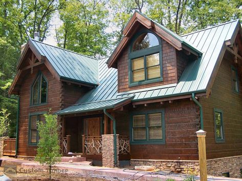 Beautiful Timber Home, plus a Peek at the Construction Process! | Top Timber Homes Log Cabin Exterior Paint Colors, Cabin Exterior Colors, Hunting House, Cabin Siding, Log Homes Exterior, Green Roof House, Log Cabin Exterior, Hardie Board, Best Exterior Paint