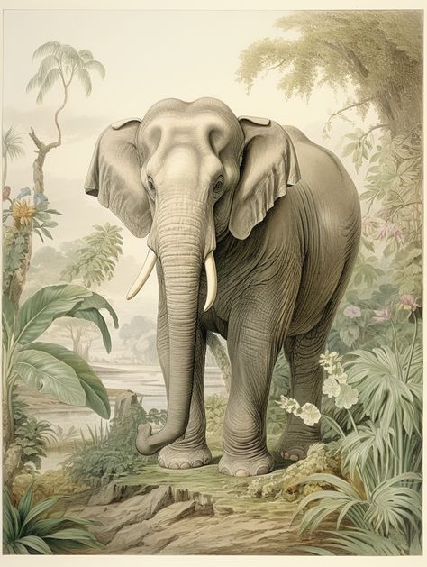 Asian Elephant Drawing, Colonial Artwork, Indian Elephant Drawing, Asian Elephants, Indian Animals, Crane Tattoo, Elephant Book, Tshirt Prints, Elephants Photos