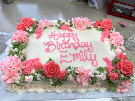 Happy Birthday Emily! Butterfly Sheet Cake, Happy Birthday Emily, Graduation Sheet Cakes, Square Birthday Cake, Full Sheet Cake, Rosé Birthday Cake, Sheet Cake Designs, Happy Birthday Cookie, Birthday Sheet Cakes