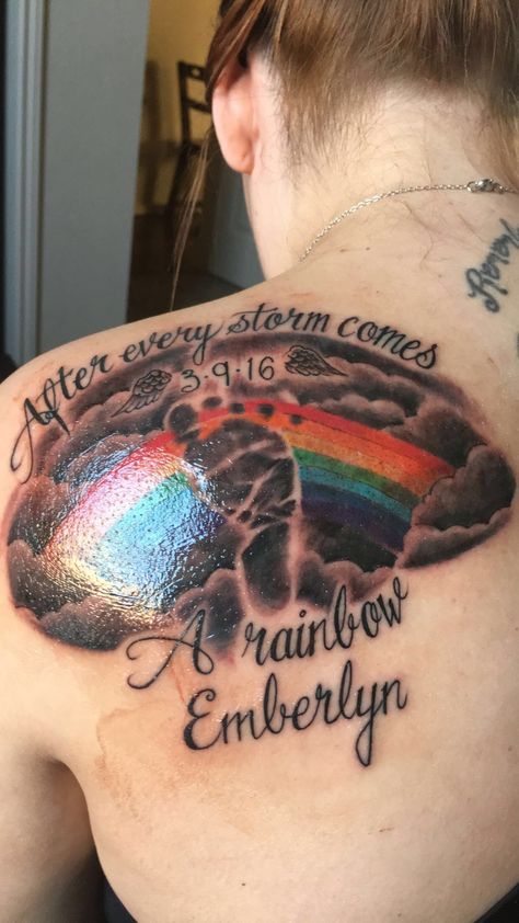 Rainbow baby, my rainbow baby tattoo. 🌈❤️💛💚💙💜 Rainbow Name Tattoo, Tattoos For Babies, Rainbow After The Storm Tattoo, Rainbow Baby Tattoo Ideas, Miracle Baby Tattoo, Rainbow Baby Tattoo, When It Rains Look For Rainbows Tattoo, Tatoos Loss Of Baby, Misscarriage Baby Tattoo