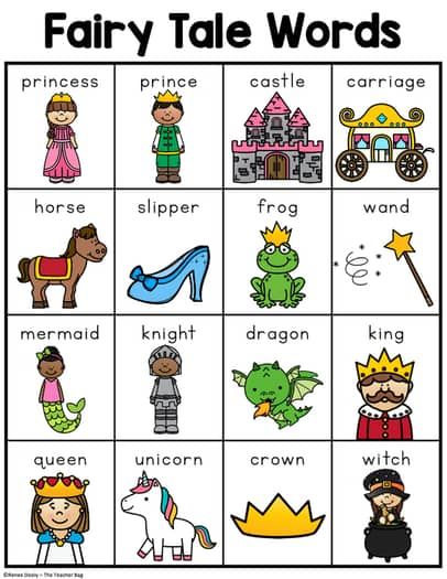 Fairy Tale Words - Writing Center Word Lists by Renee Dooly | TPT Fairytale Theme Preschool Activities, Fairytale Unit Kindergarten, Fairy Tale Curriculum, Fairy Tale Doodles, Fairytale Kindergarten Activities, Fairy Tale Activities For Kids, Fairytale Week Preschool, Fairytale Activities For Toddlers, Preschool Fairy Tale Activities